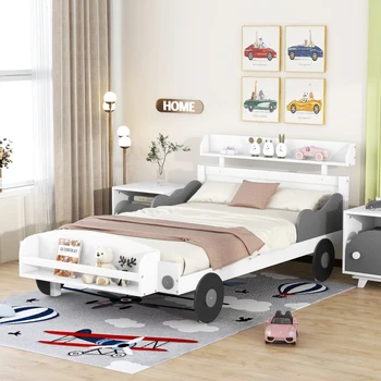 Двуспальная кровать-платформа в форме автомобиля, двуспальная кровать с полкой для хранения в спальне, белый