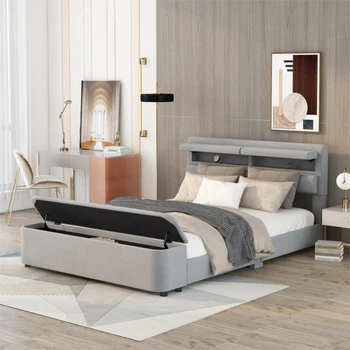Кровать-платформа с мягкой обивкой, изголовьем и изножьем для хранения, опорные ножки, серый