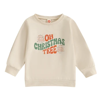 Осенние толстовки для девочек с длинным рукавом и буквенным принтом в виде Рождественской елки, пуловеры свободного кроя, топы
