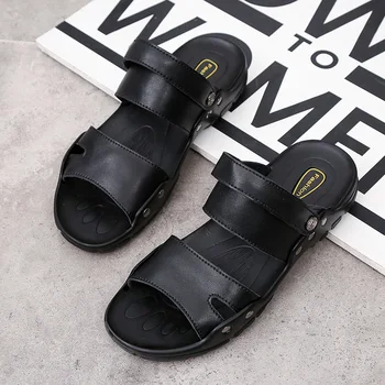Модные удобные мужские сандалии однотонные мужские кожаные сандалии с открытым носком 2023 Новые пляжные тапочки для мужской кожаной обуви