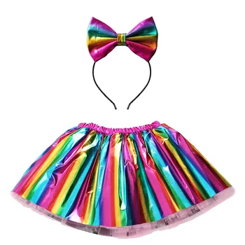 Радужная короткая юбка-полупальто с позолотой для девочек на подкладке, юбка-пачка для выступлений с бантом, головной убор
