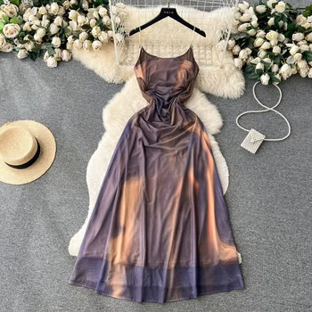 Элегантные платья французского шика для женщин на тонких бретельках с цветочным принтом, складки тюля, Летнее пляжное облегающее платье, прямая поставка