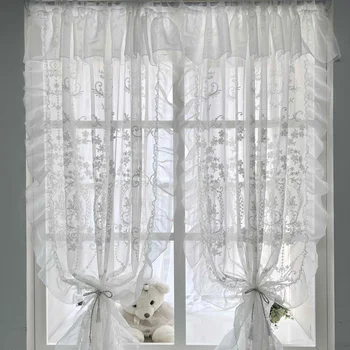 Французское романтическое кружево, Белая вышивка с рюшами, Цветочные тюлевые шторы для спальни, прозрачная комната принцессы, роскошные шторы для гостиной