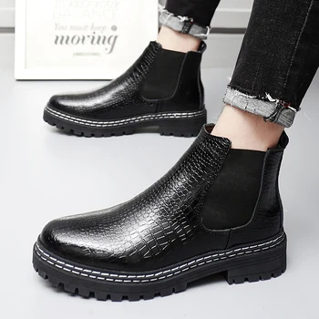 Мужские ботинки, популярная мужская обувь из натуральной кожи с высоким берцем под крокодиловую кожу, мужские короткие модные ботинки ручной работы, мужские ботильоны