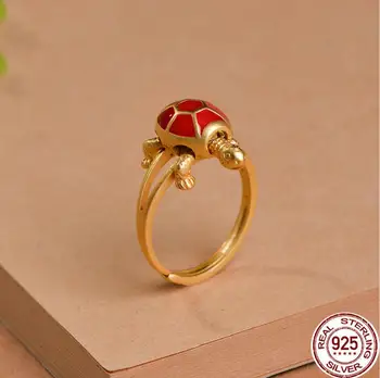 Настоящее серебро 925 пробы, позолоченное кольцо в виде черепахи с возможностью изменения размера Для женщин, цветная эмаль, милое животное, Уникальные Модные открытые кольца в подарок
