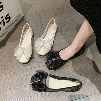 Женская обувь 2023, черная с бантом, женская летняя обувь, Прозрачный горный хрусталь, Бриллиантовые кристаллы, круглый носок, Последняя цена 39 E