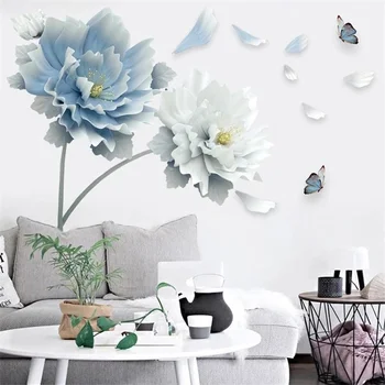 Большой бело-голубой цветок Бабочка Лотос Съемные наклейки на стену 3D наклейки на стены Домашний декор Настенное искусство для гостиной Спальни