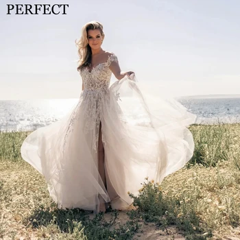 Идеальное свадебное платье с V-образным вырезом и открытыми плечами, с высоким разрезом, Тюлевые аппликации, свадебные платья на пуговицах, роскошные Vestidos De Novia