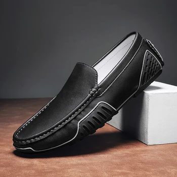 Мужская повседневная обувь из натуральной кожи Элитного бренда, Мягкие Мужские Лоферы, Мокасины, Дышащие Черные туфли для вождения без застежки, Большие размеры 38-48