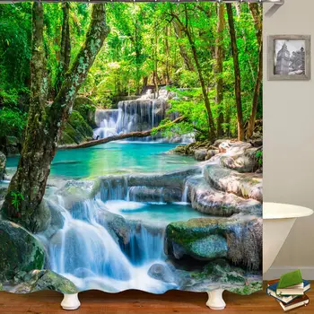 3D Природные пейзажи, занавески для душа с водопадом, лесной пейзаж, занавеска для ванной комнаты, водонепроницаемое украшение для дома из полиэстера