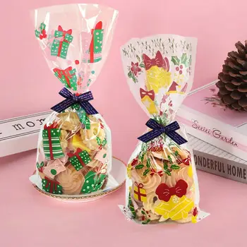 50шт рождественских пакетов для выпечки с прозрачной печатью, Мультяшная упаковка для печенья, Рождественская печать, Пакеты для выпечки хлеба для пекарни