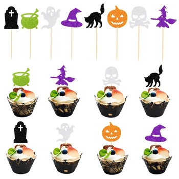 Топперы для кексов на Хэллоуин, Тыква, Призрак, Ведьма, Вампир, флаги для торта, обертки для кексов, принадлежности для украшения детского Дня рождения, выпечка