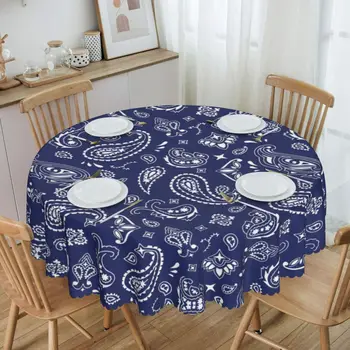 Круглая синяя скатерть с рисунком банданы и пейсли, маслостойкая скатерть, 60-дюймовое покрытие стола для кухни, столовой