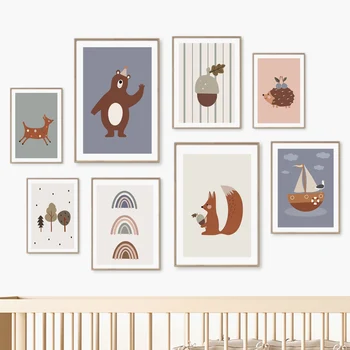 Забавный мультфильм в стиле Бохо Животное в Джунглях Медведь Белка Ежик Плакат Стены детской Детская Картина на холсте Декор детской комнаты