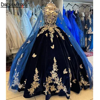 Темно-Синее Пышное Платье Sweet 16 с Накидкой 2023 на Тонких Бретельках С Аппликациями, Вечернее Платье Принцессы Vestidos De 15 Años