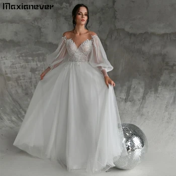 Платье невесты Maxianeve, Трапециевидное платье с длинным рукавом, сексуальное кружевное платье с V-образным вырезом, свадебные платья из тюля, Винтажное платье vestidos de novia