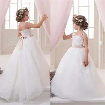 Элегантные свадебные платья для девочек-цветочниц на тонких бретельках, детское платье принцессы с длинным шлейфом, вечеринка, Первое причастие, Тюлевое бальное платье