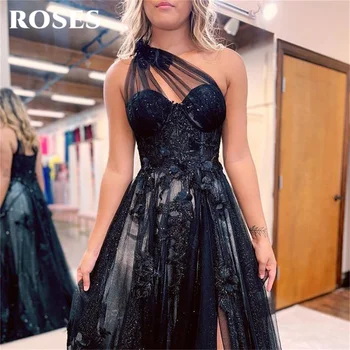 Вечерние платья с аппликацией ROSES One Shpulder, кружевное Очаровательное платье для выпускного вечера, вечерние платья трапециевидной формы с высоким разрезом, vestidos de noche