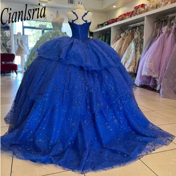 Королевские Синие платья принцессы Quinceanera 2023 С Кисточками из бисера, Бретельками-спагетти, корсет для выпускного вечера, мексиканское Пышное платье