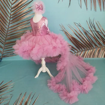 Платья для девочек-цветочниц Розовый тюлевый топ с пышными блестками, бантом и длинным шлейфом для свадьбы, Дня рождения, праздничных платьев для первого причастия