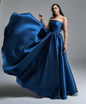 Элегантное длинное синее вечернее платье без бретелек с карманами, трапециевидной формы, длиной до пола, женское вечернее платье-халатик