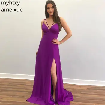 Вечернее длинное фиолетовое вечернее платье большого размера с V-образным вырезом, вечерние платья 2023, сексуальные бретельки-спагетти, шлейф, халат De Soiree