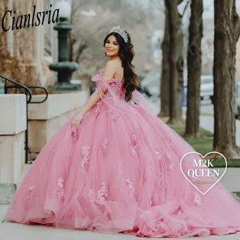 Пышное платье с розовыми 3D цветами, бальное платье принцессы с открытыми плечами, кружевной корсет с аппликацией, вечеринка Sweet 15-16