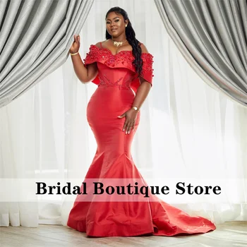 Большие размеры Африканских красных выпускных платьев Русалка, расшитых бисером, с открытыми плечами, вечернее платье, Африканское свадебное платье на заказ