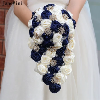 JaneVini Темно-синий цвет слоновой кости, каскадные цветы, водопад, свадебные букеты, искусственные атласные розы, Свадебный букет со стразами для невесты