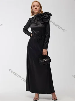 Атласные Модные мусульманские элегантные платья с длинными рукавами, Исламское вечернее платье, Хиджаб с высоким воротом, простой арабский кафтан, вечернее платье