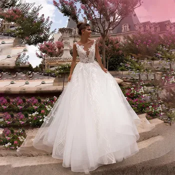 Элегантные свадебные платья трапециевидной формы с кружевами на бретельках для женщин, аппликации, платья для невесты с V-образным вырезом, свадебное платье с открытой спиной, Robe De Mariée