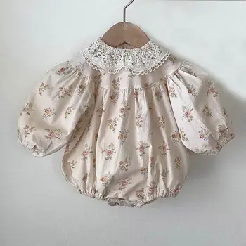 Милая одежда для новорожденных, Осенний кружевной воротник с цветочным принтом и длинными рукавами, Хлопковое Повседневное боди с цветочным рисунком для девочек, одежда для младенцев