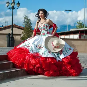 Красные платья Charro Quinceanera, бальное платье, аппликации из органзы, оборки, пышные Мексиканские сладости, 16 платьев, 15 Anos