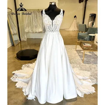 Винтажное Королевское свадебное платье с открытой спиной из мягкого атласа и кружева 2024 года с аппликациями, свадебное платье с V-образным вырезом и шлейфом vestidos Sexy