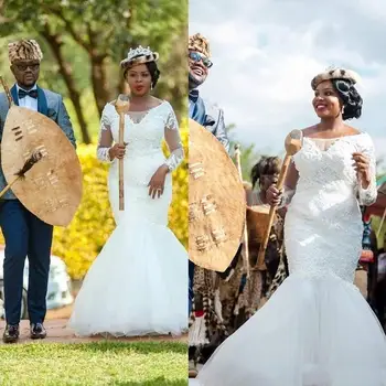 Свадебные платья Русалки с длинными рукавами, Африканская новинка 2023 года, Белые кружевные аппликации, Иллюзия прозрачной шеи, Африканские свадебные платья Плюс Размер