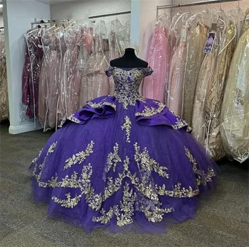 ANGELSBRIDEP Фиолетовые атласные пышные платья с открытыми плечами 2024 Золотые аппликации Бальное платье Sweet Sixteen Платья для выпускного вечера