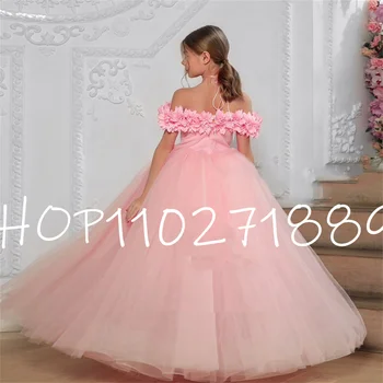 Розовые платья с открытыми плечами и вырезом лодочкой для девочек в цветочек на день рождения 2023 Летние платья из мягкого тюля для свадебной вечеринки с цветами