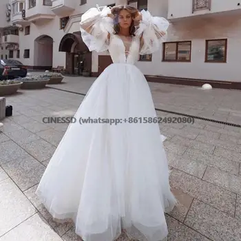 Классические свадебные платья из тюля Со Съемными пышными длинными рукавами Трапециевидной формы с овальным вырезом и открытой спиной Vestido de Noiva