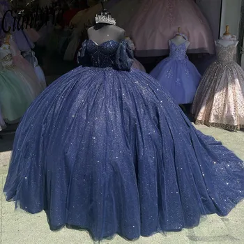Темно-синие пышные платья, бальное платье с аппликацией из бисера, с открытыми плечами, платье Sweet 16 на шнуровке, Vestidos De 15 Años