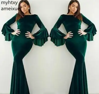 Сексуальное бархатное темно-зеленое вечернее платье 2023, Элегантное расклешенное женское платье для выпускного вечера в Дубае с длинными рукавами, Плюс Размер, халат De Soiree
