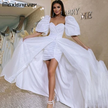 Maxianeve Сексуальное платье невесты с пышными рукавами в виде сердца, мини-платье со съемным хвостом, свадебные платья, блестящие стильные платья