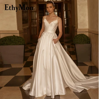 Очаровательные свадебные платья Ethymon с V-образным вырезом и открытой спиной на тонких бретельках, индивидуальный шлейф, праздничное платье для невесты