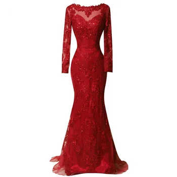 Красные кружевные аппликации, вечерние платья с длинными рукавами, платья для выпускного вечера в стиле русалки, элегантные вечерние платья с длинным шлейфом для женщин