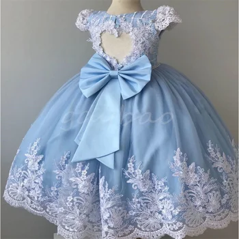 Платье для маленькой девочки на день рождения с аппликацией, кружевное, атласное, с бантом, с круглым вырезом, свадебное платье принцессы, детское платье для девочки в цветочек
