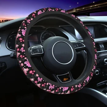 Чехол на руль с розовой бабочкой для женщин, милый черный цветок, Нескользящий неопрен, 15-дюймовый протектор рулевого колеса автомобиля
