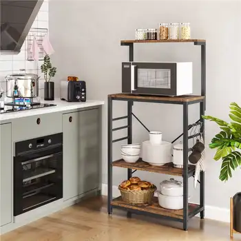 4-Ярусный стеллаж для хранения Кофейный шкаф Металлический каркас с боковыми крючками Кухня