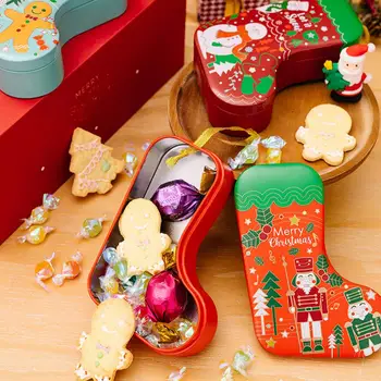 Жестяная коробка в форме чулка, Причудливая Рождественская коробка конфет в форме чулка, рождественский шар с рисунком снеговика, Праздничные угощения, Жестяная пластина для хранения