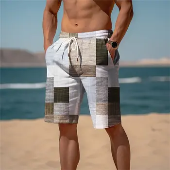 Мужские спортивные Короткие пляжные шорты Махровые с коротким шнурком на эластичном поясе 3D принт в клетку и полоску Короткая повседневная праздничная уличная одежда