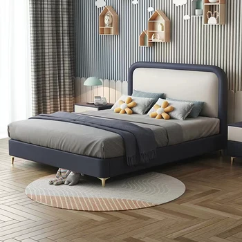 Каркас современной кровати-платформы, обитый искусственной кожей, с мягким изголовьем, опора из твердых деревянных планок для внутренней мебели спальни