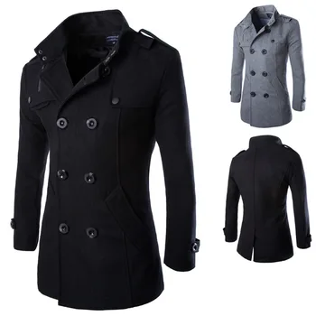 Mantel Mantel Panjang Pria Mantel Kacang Pria Musim Dingin Mantel Wol & Campuran Berkancing Dua Baris Pakaian Merek W01